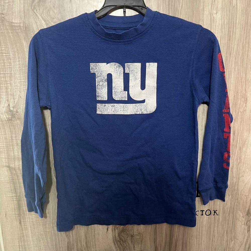 New York Giants Youth Large 10-12 Blue Waffle Knit Thermal Long Sleeve Shirt